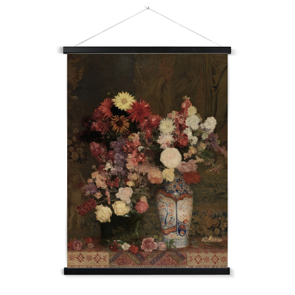 An elegant painting of a richly detailed arrangement of multi-colored flowers in an oriental vase, with a wooden hanger included. A perfect addition to the maximalist home.
A premium print + slimline wooden poster hanger with a discrete magnetic fastening to keep your prints perfectly secure. Hand-crafted from beautiful, solid wood, our picture hangers are ideal for displaying prints using a simple, contemporary design. When you want to update your style, simply change the print.
The Oriental Vas