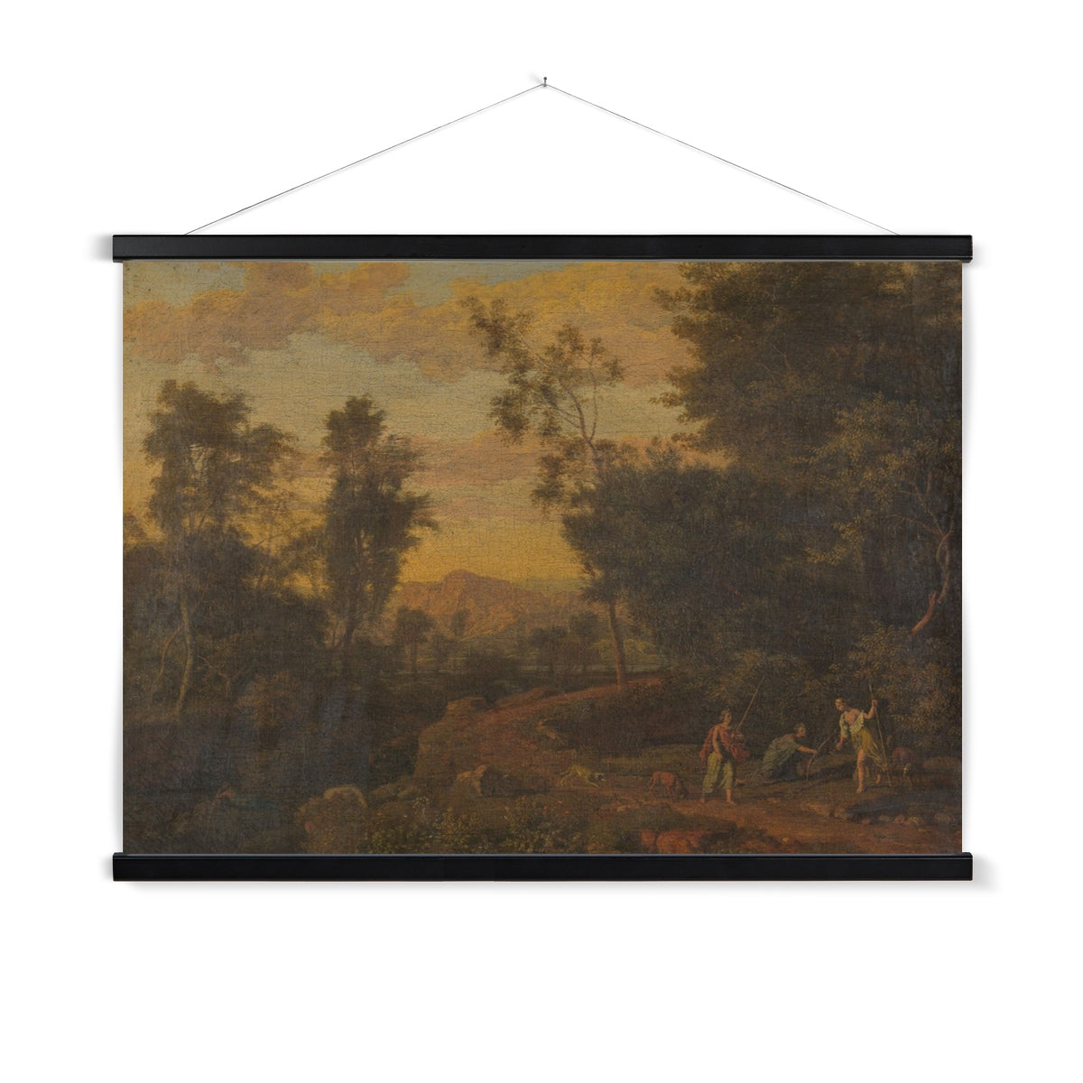 A ready to hang, rustic, muted and moody vintage painting of people traversing a country road. This print has a time worn appearance perfect for vintage lovers.
A premium print that comes ready to hang. Our slimline wooden poster hangers come with a discrete magnetic fastening to keep your prints perfectly secure. Hand-crafted from beautiful, solid wood, our picture hangers are ideal for displaying prints using a simple, contemporary design.
The Expedition print features muted green, yellow, brown, ta