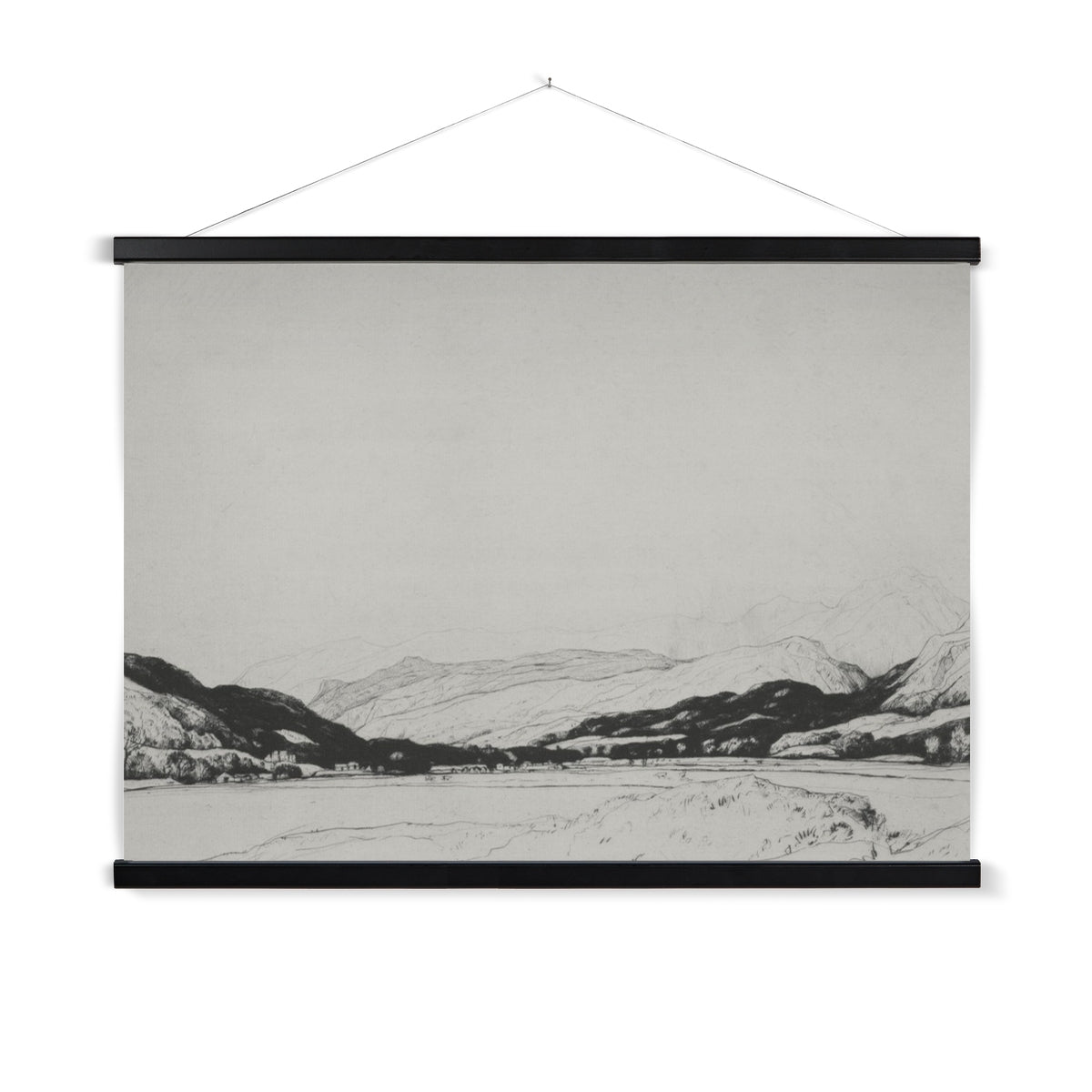 A sketch of a distant valley with a wooden hanger included.
A premium print + slimline wooden poster hanger with a discrete magnetic fastening to keep your prints perfectly secure. Hand-crafted from beautiful, solid wood, our picture hangers are ideal for displaying prints using a simple, contemporary design. When you want to update your style, simply change the print.
The Balquhidder print features shades of black and creamy beige.
+ Free International Shipping.
