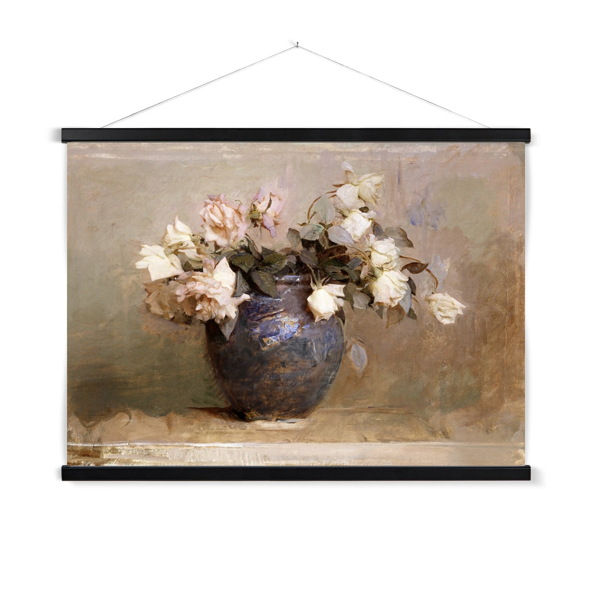 A ready to hang, beautiful vintage print of a blue vase brimming with soft pink roses, sure to bring nostalgic ambiance, texture and warmth to any space.
A premium print that comes ready to hang. Our slimline wooden poster hangers come with a discrete magnetic fastening to keep your prints perfectly secure. Hand-crafted from beautiful, solid wood, our picture hangers are ideal for displaying prints using a simple, contemporary design.
The Rustic Roses print features royal blue, dusty shades of caramel