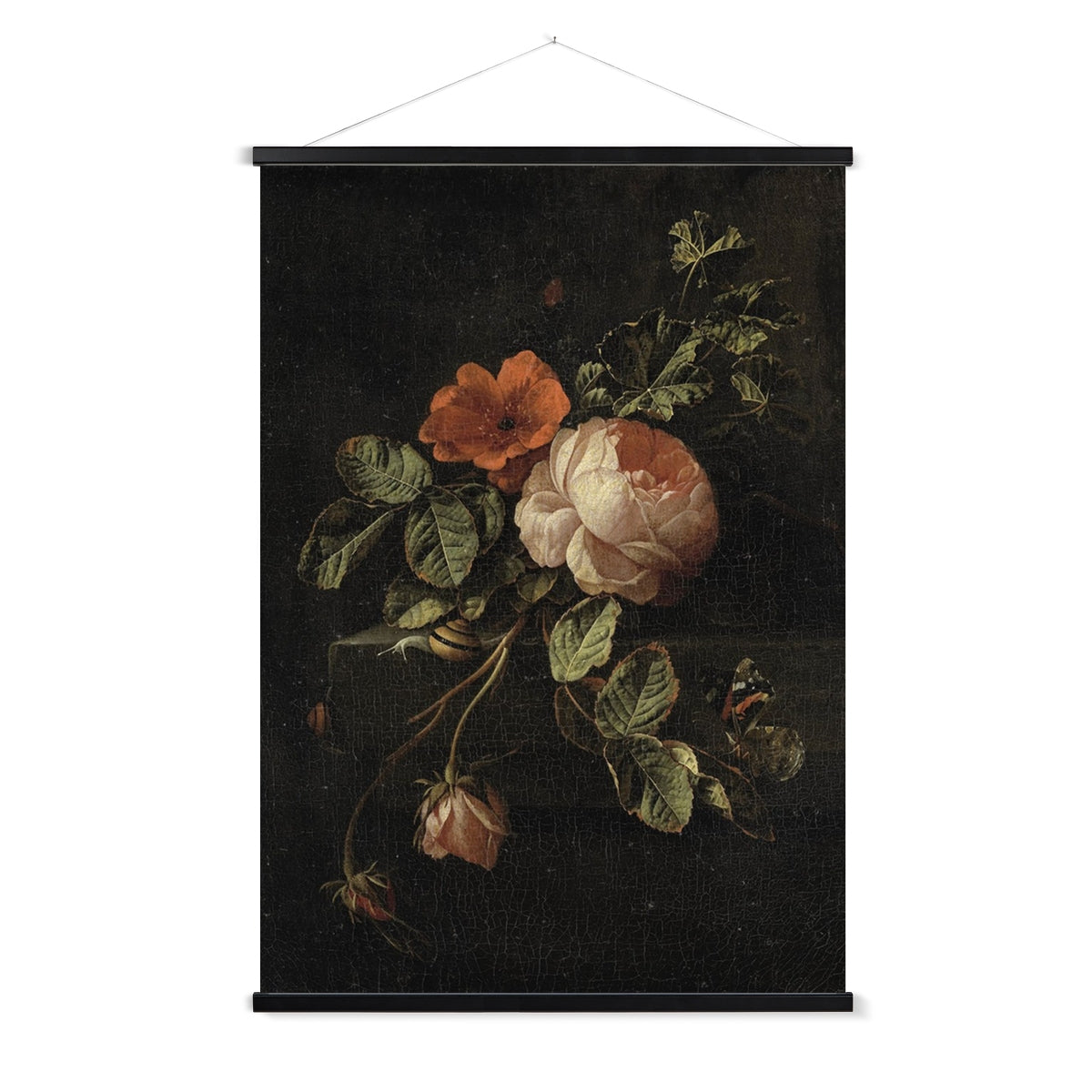 A classical dark and moody still life painting of a rose and butterfly, with a wooden hanger included. This print features a lovely vintage patina.
A premium print + slimline wooden poster hanger with a discrete magnetic fastening to keep your prints perfectly secure. Hand-crafted from beautiful, solid wood, our picture hangers are ideal for displaying prints using a simple, contemporary design. When you want to update your style, simply change the print.
The Umber Rose print features shades of pink,