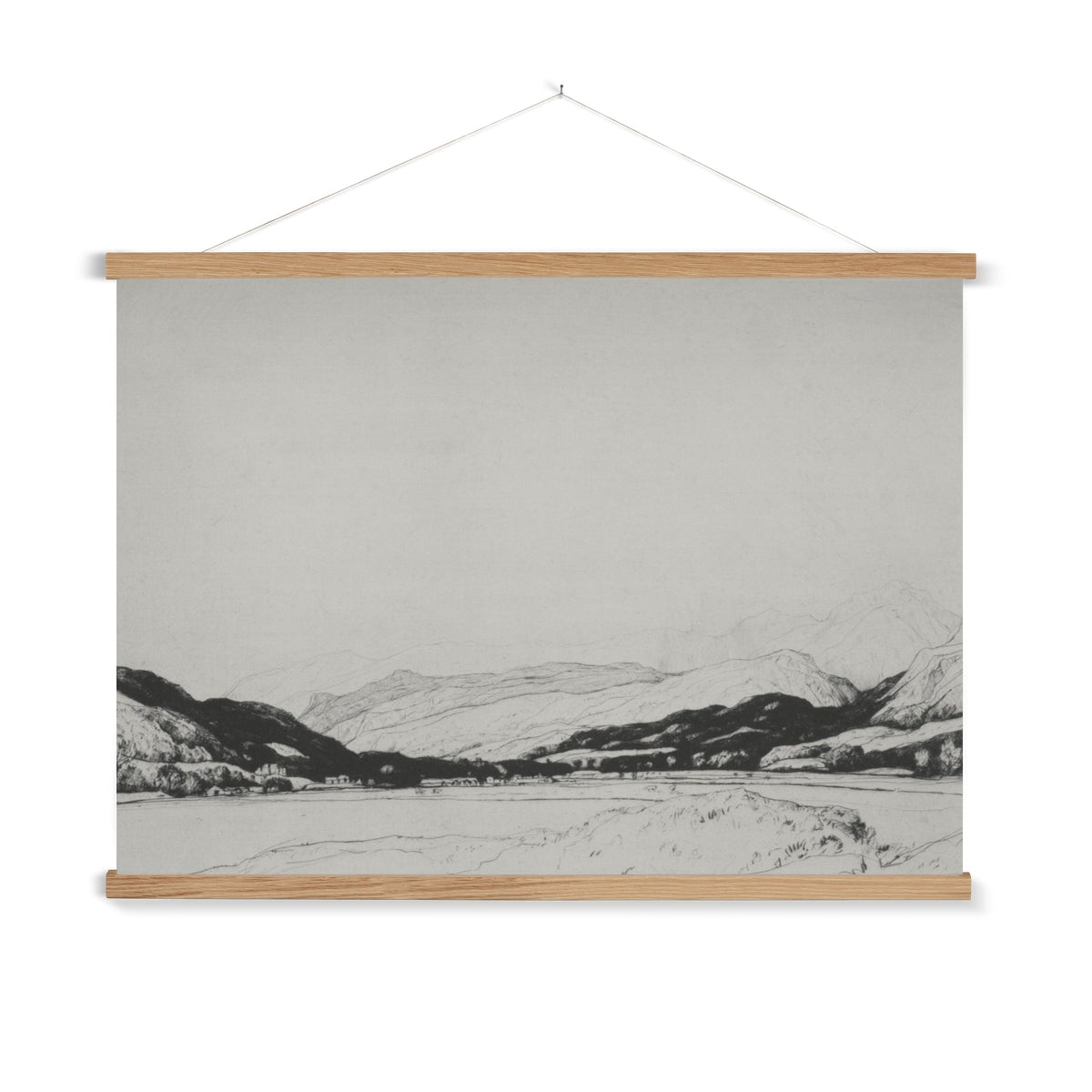 A sketch of a distant valley with a wooden hanger included.
A premium print + slimline wooden poster hanger with a discrete magnetic fastening to keep your prints perfectly secure. Hand-crafted from beautiful, solid wood, our picture hangers are ideal for displaying prints using a simple, contemporary design. When you want to update your style, simply change the print.
The Balquhidder print features shades of black and creamy beige.
+ Free International Shipping.