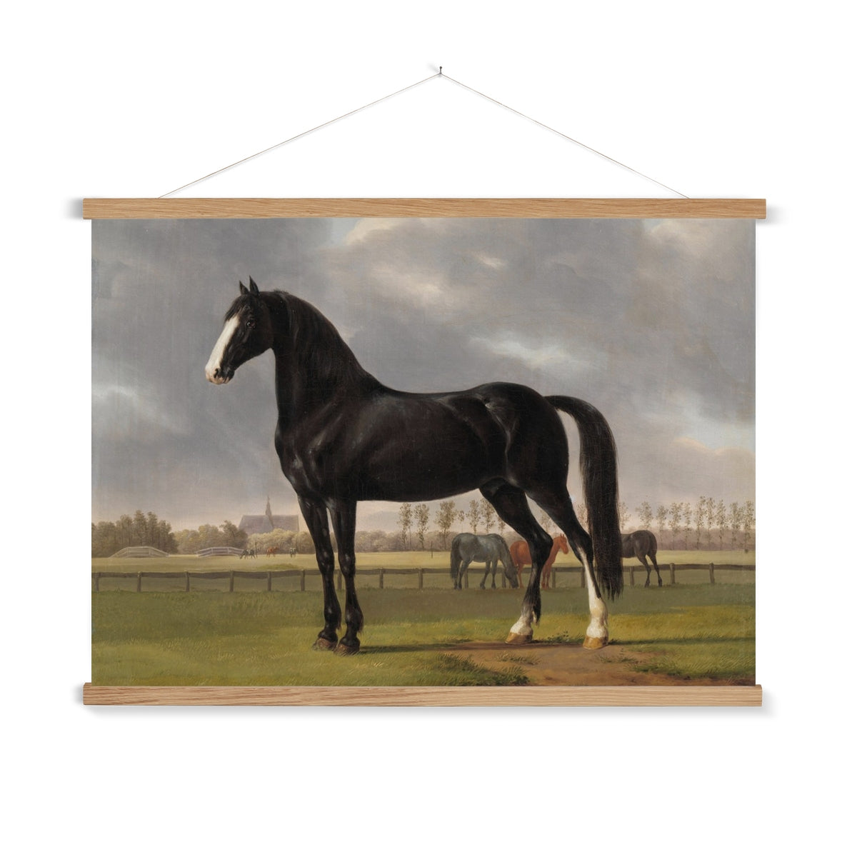 A ready to hang, vintage painting of a majestic black horse.
A premium print that comes ready to hang. Our slimline wooden poster hangers come with a discrete magnetic fastening to keep your prints perfectly secure. Hand-crafted from beautiful, solid wood, our picture hangers are ideal for displaying prints using a simple, contemporary design.
The Black Beauty print features green, ivory, brown, tan, black, blue and grey.
