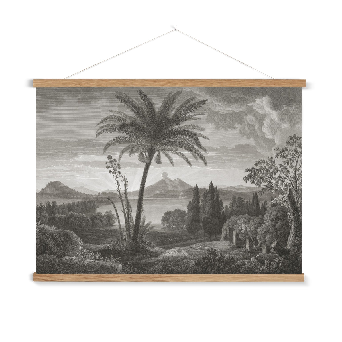 A ready to hang, vintage etching of palm trees and foliage with mountains and a volcano in the distance.
A premium print that comes ready to hang. Our slimline wooden poster hangers come with a discrete magnetic fastening to keep your prints perfectly secure. Hand-crafted from beautiful, solid wood, our picture hangers are ideal for displaying prints using a simple, contemporary design.
The Mt Etna print features shades of grey, and black.
