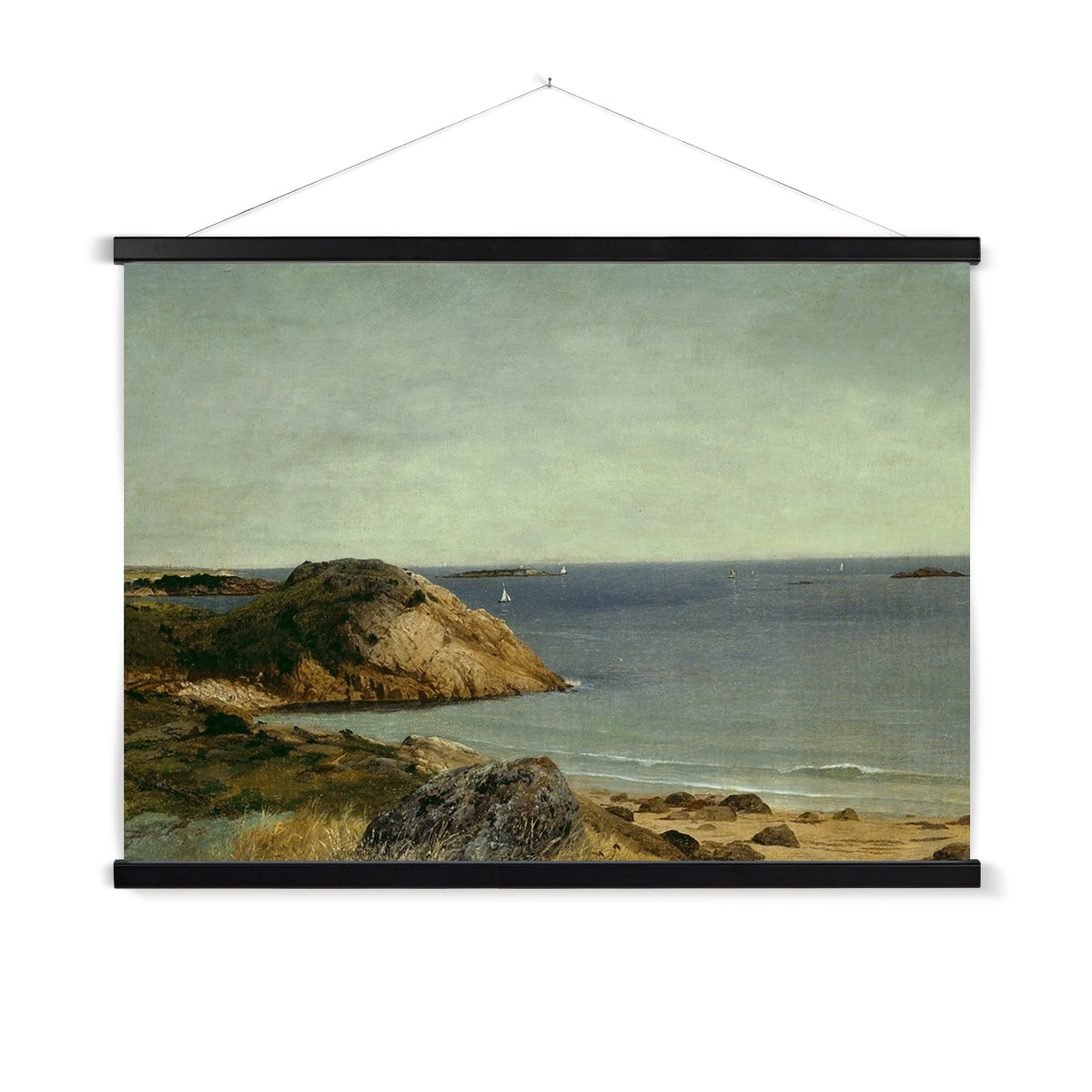 A ready to hang, rustic, vintage painting of an ocean vista. This print has a time worn appearance perfect for vintage lovers.
A premium print that comes ready to hang. Our slimline wooden poster hangers come with a discrete magnetic fastening to keep your prints perfectly secure. Hand-crafted from beautiful, solid wood, our picture hangers are ideal for displaying prints using a simple, contemporary design.
The Rocky Coast print features muted blue, green, tan, white and grey.