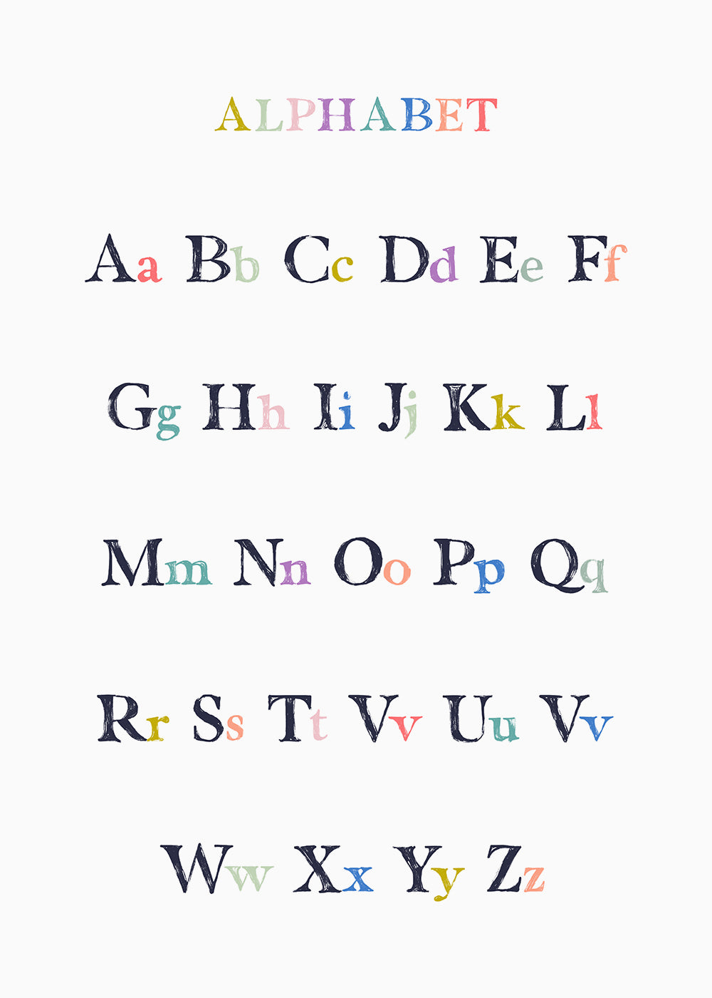 An educational, fact-based art print for learning the alphabet. This multicolored alphabet chart includes both uppercase and lowercase letters.
Featuring midnight blue, teal, lime, sage green, bright blue, apricot, indigo and blush.
A museum-quality fine art print with a textured, matt finish, using giclée printing techniques that won't fade.