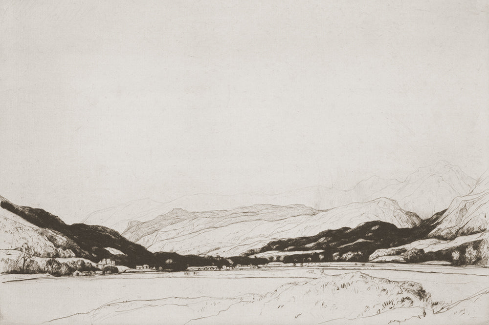 A sketch of a distant valley.
Featuring cream and chocolate black tones.
A museum-quality fine art print with a lightly textured, matt finish, using giclée printing techniques that won't fade.