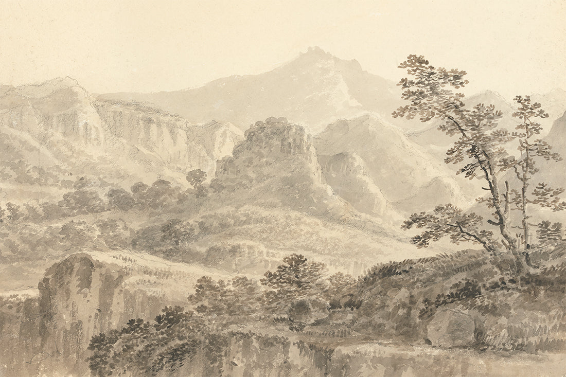 A soft & whimsical watercolour painting of trees and mountains.
Featuring shades of chocolate brown, warm grey and golden cream.
A museum-quality fine art print with a lightly textured, matt finish, using giclée printing techniques that won't fade.