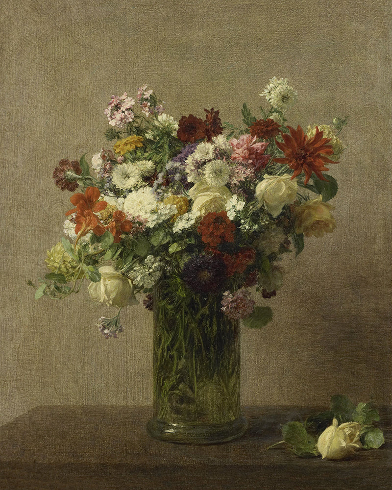 A muted painting of fresh flowers in a glass vase, set on a textured background. 