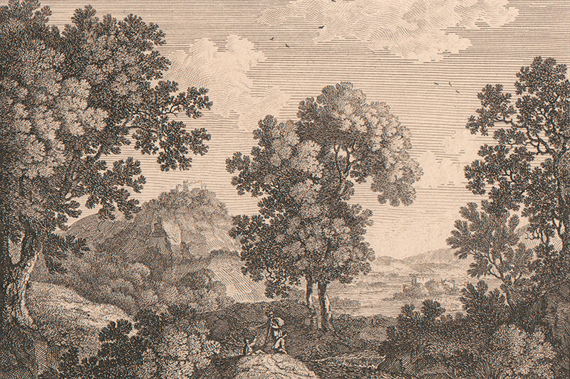 A vintage etching of peasants travelling through the country side.
Featuring black and warm blush toned vintage cream.
A museum-quality fine art print with a lightly textured, matt finish, using giclée printing techniques that won't fade.