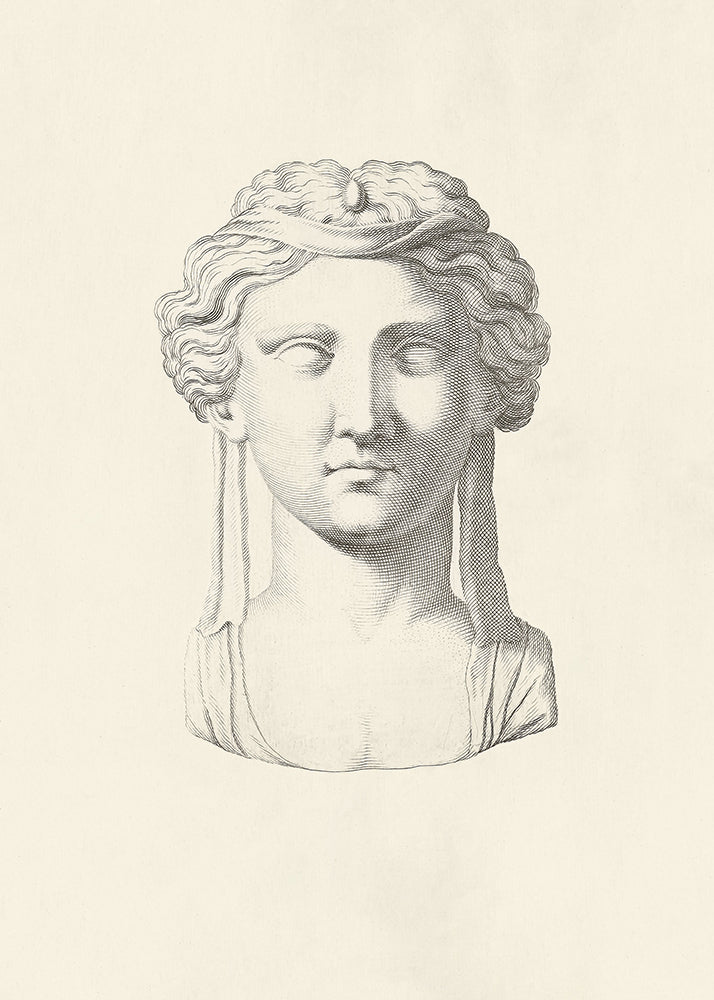 A classic lithograph featuring a sculpted bust, a regal marble portrait. Part of a pair.
Featuring vintage cream and black.
A museum-quality fine art print with a textured, matt finish, using giclée printing techniques that won't fade.