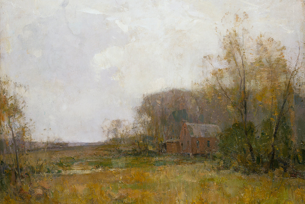 A vintage impressionist painting of a brown house in the country side.
Featuring shades of green, mustard, rust, brown, grey, cream and black.
A museum-quality fine art print with a lightly textured, matt finish, using giclée printing techniques that won't fade.