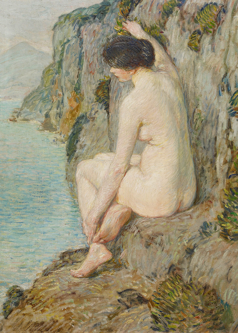 Nude figure sitting on a rocky cliff overlooking water