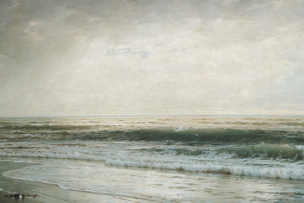 An ambient, vintage painting of a beach.
Featuring pale blue, white, grey, olive and shades of green.
A museum-quality fine art print with a lightly textured, matt finish, using giclée printing techniques that won't fade.
