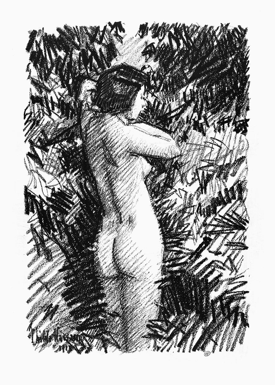 A striking charcoal composition capturing a standing female figure viewed from behind, rendered with rich, expressive texture that brings depth and dimension. The artist's masterful handling of charcoal invites viewers to appreciate the subtle interplay of light and shadow.
Featuring black and white.
A museum-quality fine art print with a textured, matt finish, using giclée printing techniques that won't fade.