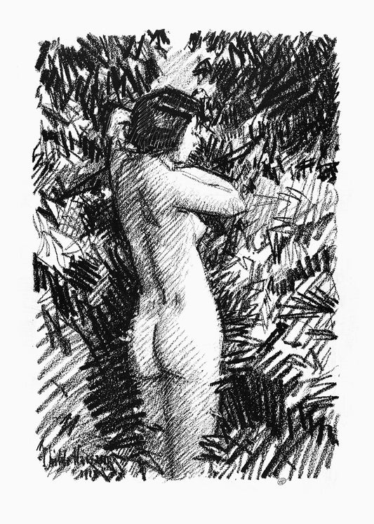 A striking charcoal composition capturing a standing female figure viewed from behind, rendered with rich, expressive texture that brings depth and dimension. The artist's masterful handling of charcoal invites viewers to appreciate the subtle interplay of light and shadow.
Featuring black and white.
A museum-quality fine art print with a textured, matt finish, using giclée printing techniques that won't fade.