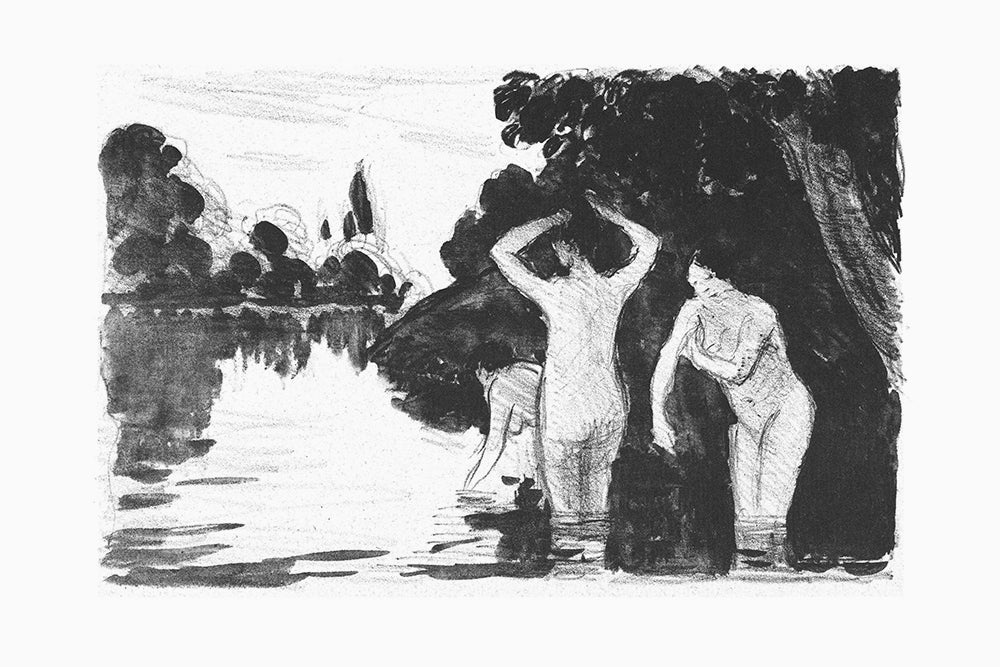 A drawing of women bathing at the waterside.
Featuring black, grey and white.
A museum-quality fine art print with a lightly textured, matt finish, using giclée printing techniques that won't fade.