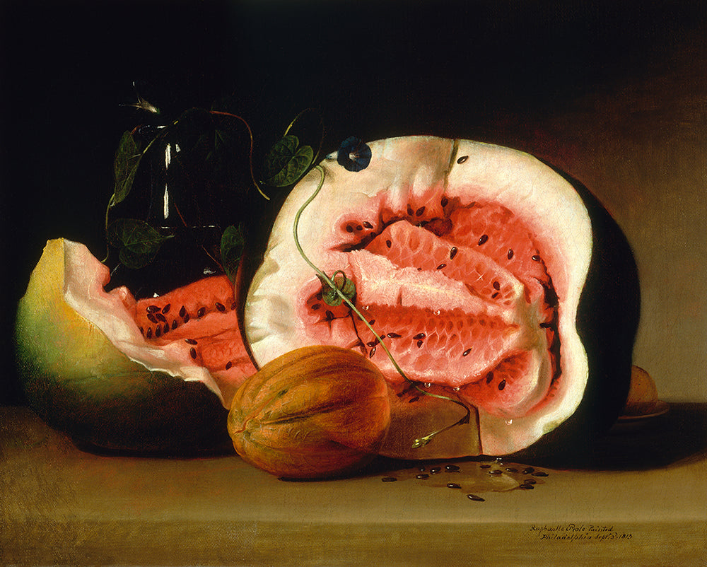 An atmospheric still life depiction a watermelon on a bench top with a dark and moody atmosphere.
Featuring pink, cream, black and shades of caramel, olive and green.
A museum-quality fine art print with a lightly textured, matt finish, using giclée printing techniques that won't fade.