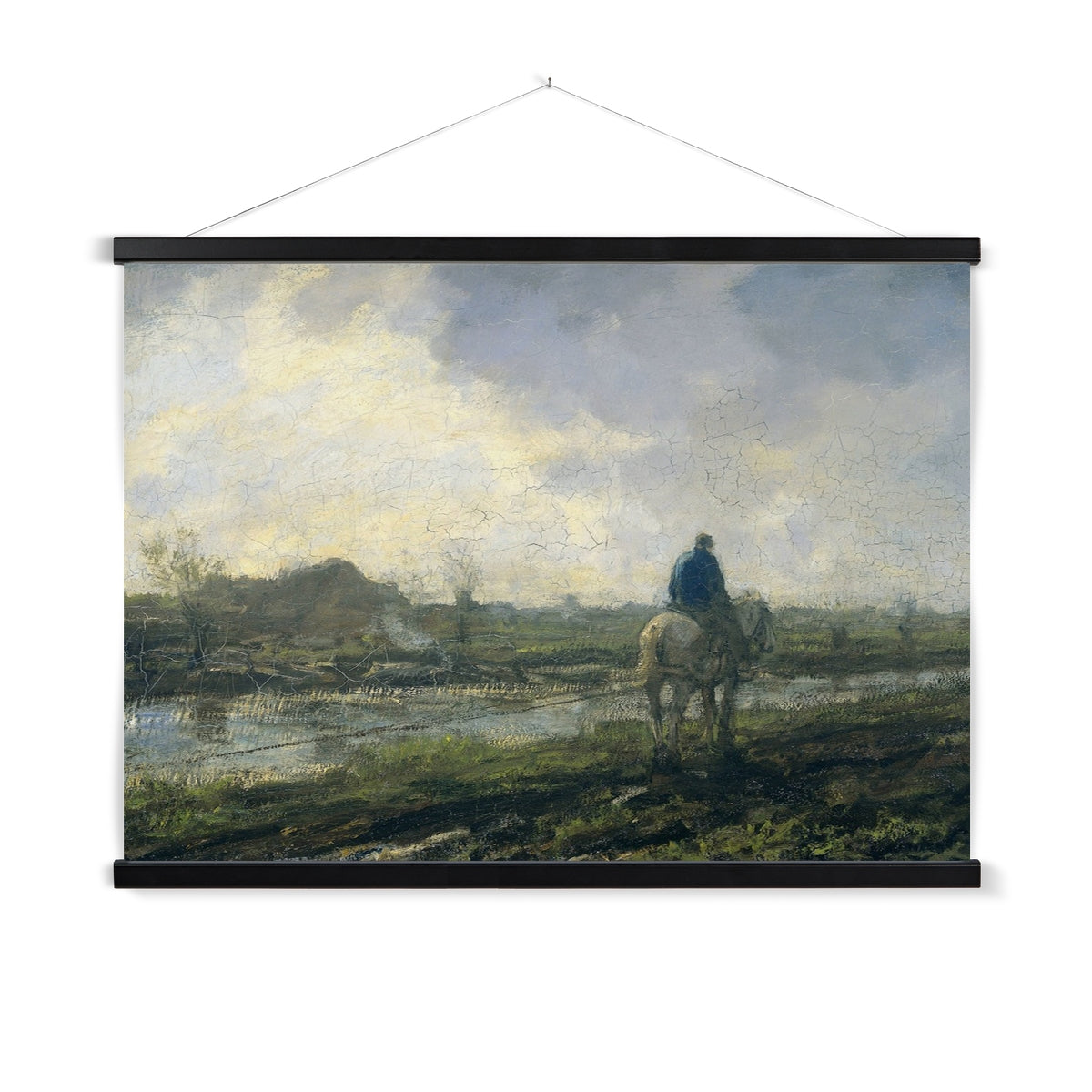 A ready to hang, rustic impressionist style vintage painting of a man on horseback in the countryside. This print has a heavily textured vintage patina that will add warmth to any space.
A premium print that comes ready to hang. Our slimline wooden poster hangers come with a discrete magnetic fastening to keep your prints perfectly secure. Hand-crafted from beautiful, solid wood, our picture hangers are ideal for displaying prints using a simple, contemporary design.
The Lonely Road print features shades o