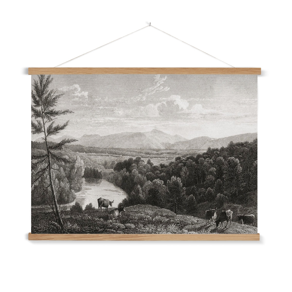 A vintage etching of the Catskills Mountain Range, with a wooden hanger included. The foreground features grazing livestock, while the river and surrounding forest provide a beautiful backdrop to the Mountains.
A premium print + slimline wooden poster hanger with a discrete magnetic fastening to keep your prints perfectly secure. Hand-crafted from beautiful, solid wood, our picture hangers are ideal for displaying prints using a simple, contemporary design. When you want to update your style, simply