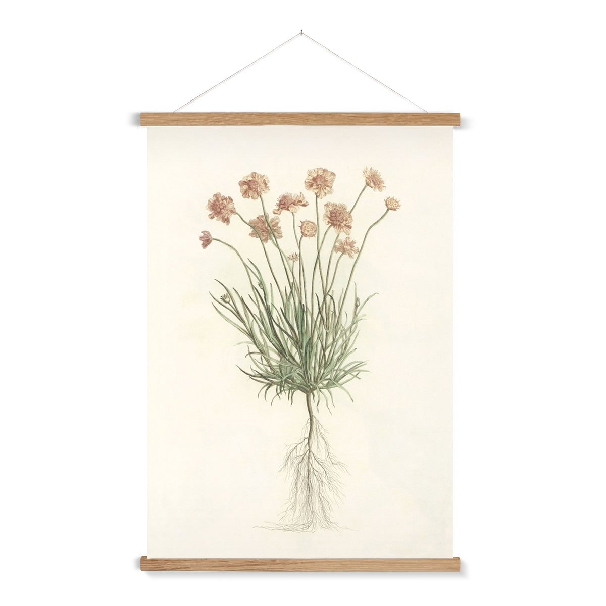 A ready to hang, pretty botanical print with delicate pastel flowers complete with roots.
A premium print that comes ready to hang. Our slimline wooden poster hangers come with a discrete magnetic fastening to keep your prints perfectly secure. Hand-crafted from beautiful, solid wood, our picture hangers are ideal for displaying prints using a simple, contemporary design.
The Peach Bloom print features shades of green, apricot, blush, creamy beige and tan.
