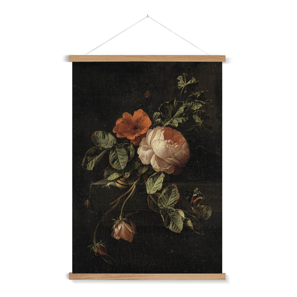 A classical dark and moody still life painting of a rose and butterfly, with a wooden hanger included. This print features a lovely vintage patina.
A premium print + slimline wooden poster hanger with a discrete magnetic fastening to keep your prints perfectly secure. Hand-crafted from beautiful, solid wood, our picture hangers are ideal for displaying prints using a simple, contemporary design. When you want to update your style, simply change the print.
The Umber Rose print features shades of pink,