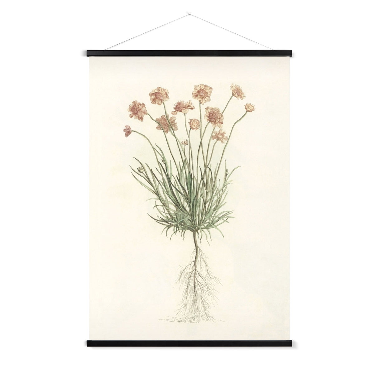 A ready to hang, pretty botanical print with delicate pastel flowers complete with roots.
A premium print that comes ready to hang. Our slimline wooden poster hangers come with a discrete magnetic fastening to keep your prints perfectly secure. Hand-crafted from beautiful, solid wood, our picture hangers are ideal for displaying prints using a simple, contemporary design.
The Peach Bloom print features shades of green, apricot, blush, creamy beige and tan.