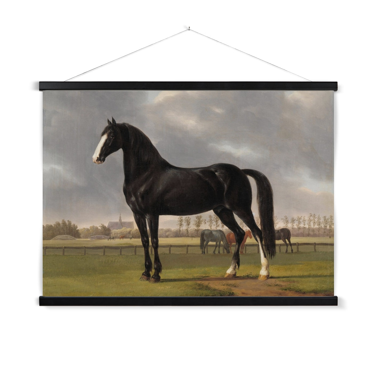 A ready to hang, vintage painting of a majestic black horse.
A premium print that comes ready to hang. Our slimline wooden poster hangers come with a discrete magnetic fastening to keep your prints perfectly secure. Hand-crafted from beautiful, solid wood, our picture hangers are ideal for displaying prints using a simple, contemporary design.
The Black Beauty print features green, ivory, brown, tan, black, blue and grey.