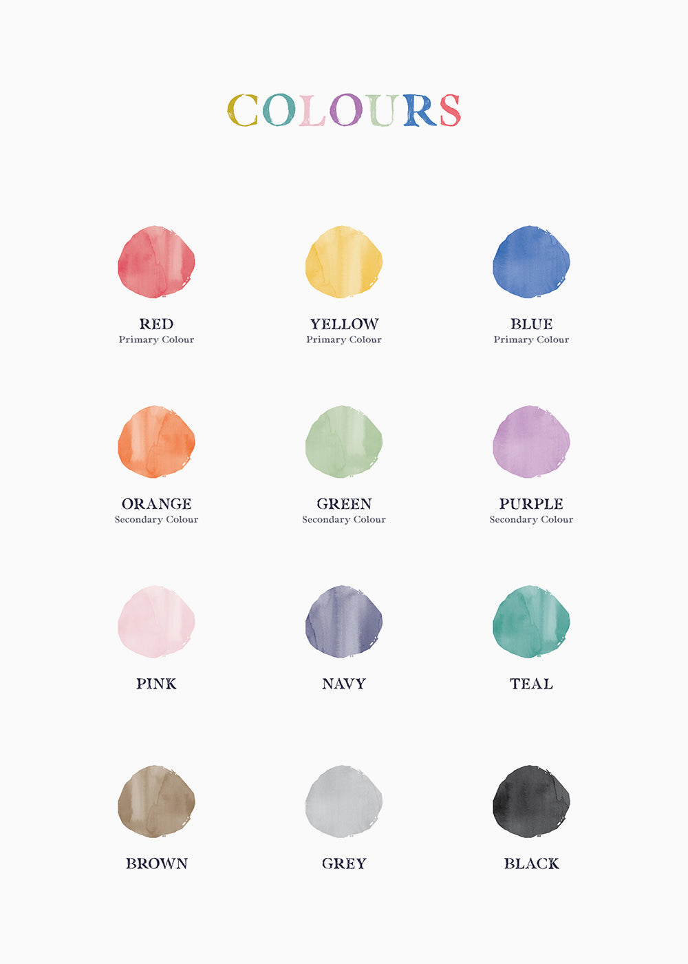 A charming piece of artwork to assist young children in learning their colours.
Featuring midnight blue, teal, lime, sage green, bright blue, apricot, indigo and blush.
A museum-quality fine art print with a textured, matt finish, using giclée printing techniques that won't fade.
