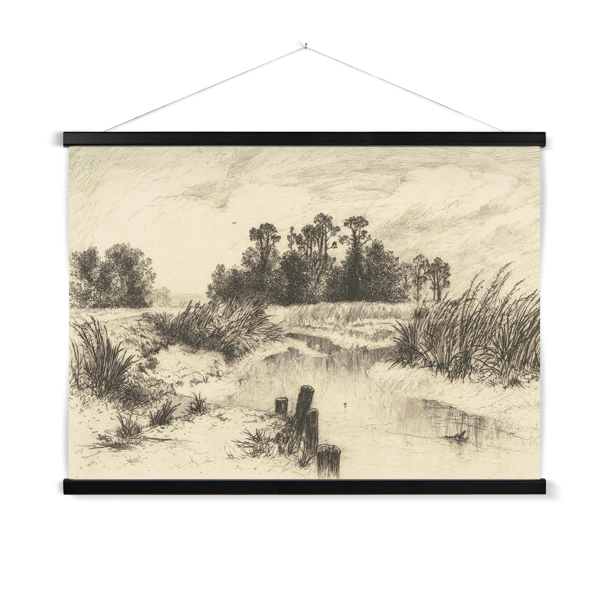 A ready to hang, charming vintage illustration of a reed fringed pond.
A premium print that comes ready to hang. Our slimline wooden poster hangers come with a discrete magnetic fastening to keep your prints perfectly secure. Hand-crafted from beautiful, solid wood, our picture hangers are ideal for displaying prints using a simple, contemporary design.
The Newark print features shades of vintage cream, grey and charcoal.