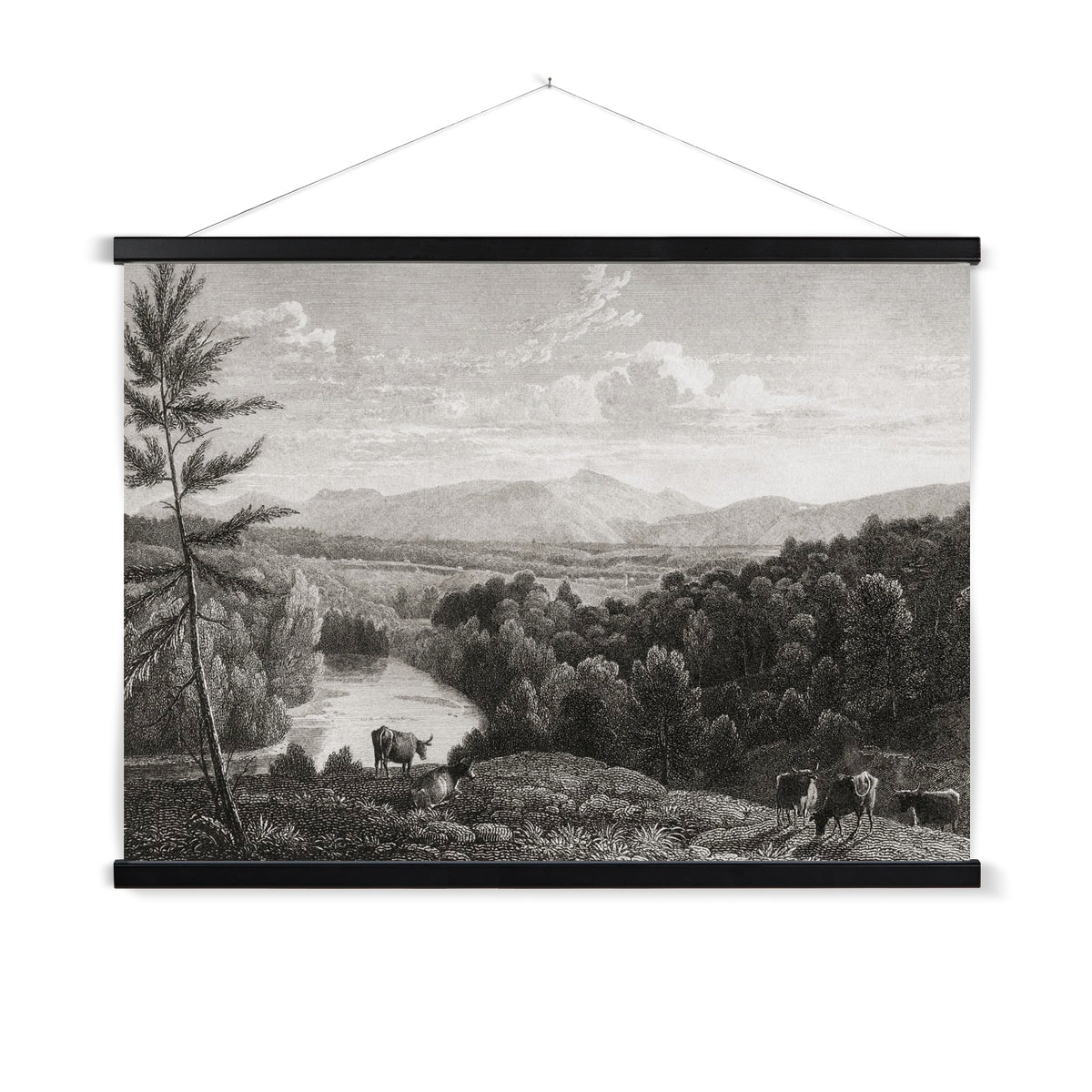 A vintage etching of the Catskills Mountain Range, with a wooden hanger included. The foreground features grazing livestock, while the river and surrounding forest provide a beautiful backdrop to the Mountains.
A premium print + slimline wooden poster hanger with a discrete magnetic fastening to keep your prints perfectly secure. Hand-crafted from beautiful, solid wood, our picture hangers are ideal for displaying prints using a simple, contemporary design. When you want to update your style, simply