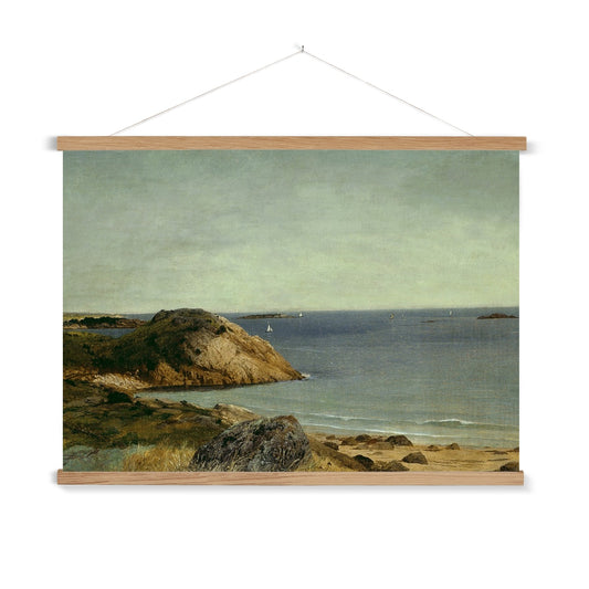 image1A&nbsp;ready to hang, rustic, vintage painting of an ocean vista. This print has a time worn appearance perfect for vintage lovers.

A premium print that comes ready to hang. Our slimline wooden poster hangers come with a discrete magnetic fastening to keep your prints perfectly secure. Hand-crafted from beautiful, solid wood, our picture hangers are ideal for displaying prints using a simple, contemporary design.
The Rocky Coast print features muted blue, green, tan, white and grey.