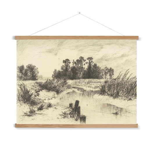 A ready to hang, charming vintage illustration of a reed fringed pond.

A premium print that comes ready to hang. Our slimline wooden poster hangers come with a discrete magnetic fastening to keep your prints perfectly secure. Hand-crafted from beautiful, solid wood, our picture hangers are ideal for displaying prints using a simple, contemporary design.
The Newark print features shades of vintage cream, grey and charcoal.
