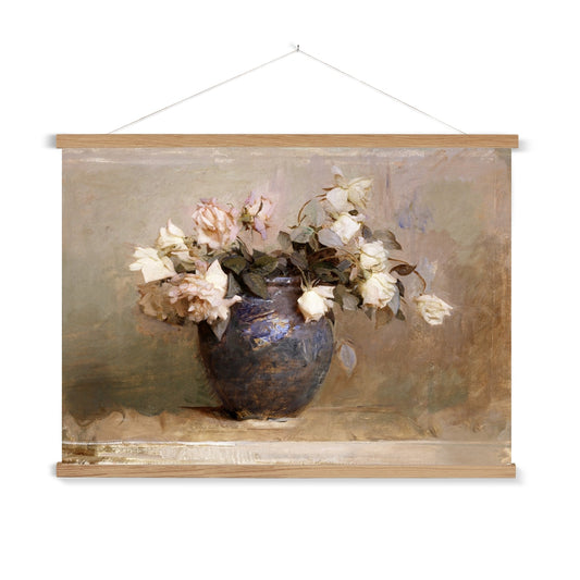 A ready to hang,&nbsp;beautiful vintage print of a blue vase brimming with soft pink roses, sure to bring nostalgic ambiance, texture and warmth to any space.

A premium print that comes ready to hang. Our slimline wooden poster hangers come with a discrete magnetic fastening to keep your prints perfectly secure. Hand-crafted from beautiful, solid wood, our picture hangers are ideal for displaying prints using a simple, contemporary design.
The Rustic Roses print features royal blue, dusty shades of caramel