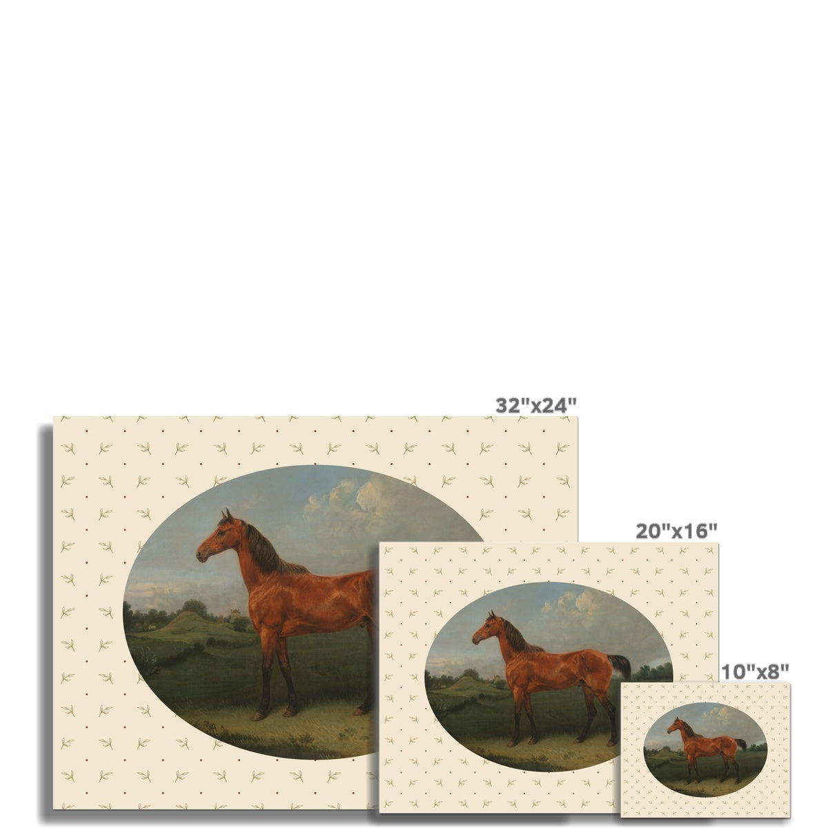 A sweet oval framed vintage print of a brown horse, set upon a botanical pattern background. Part of a pair. Perfect for a Cottage core Interior aesthetic.