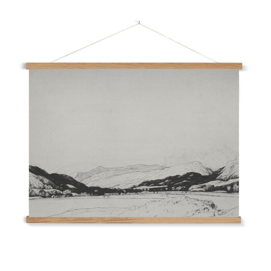 A sketch of a distant valley with a wooden hanger included.

A premium print + slimline wooden poster hanger with a discrete magnetic fastening to keep your prints perfectly secure. Hand-crafted from beautiful, solid wood, our picture hangers are ideal for displaying prints using a simple, contemporary design. When you want to update your style, simply change the print.
The Balquhidder print features shades of black and creamy beige.
+ Free International Shipping.