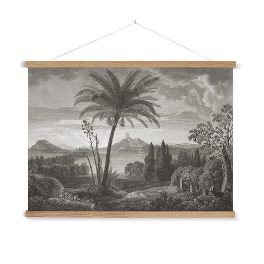 A&nbsp;ready to hang, vintage etching of palm trees and foliage with mountains and a volcano in the distance.

A premium print that comes ready to hang. Our slimline wooden poster hangers come with a discrete magnetic fastening to keep your prints perfectly secure. Hand-crafted from beautiful, solid wood, our picture hangers are ideal for displaying prints using a simple, contemporary design.
The Mt Etna print features shades of grey, and black.