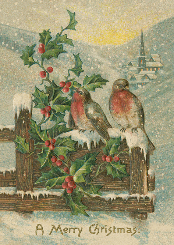 Celebrate the season with this charming vintage Christmas card print, featuring delightful birds perched on a frosted fence with festive holly. A nostalgic touch that brings warmth and joy to your holiday décor.

Featuring muted vintage tones of blue, yellow, red, brown, cream, green, gold and white.
A museum-quality fine art print with a lightly textured, matt finish, using giclée printing techniques that won't fade.