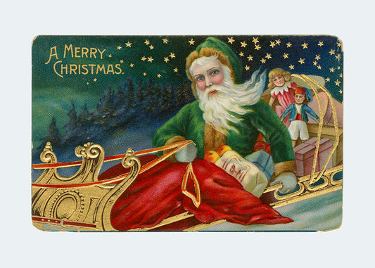 A magical winter scene of Santa and his elves with a twinkling starlit sky in his iconic sleigh. This charming vintage card captures the wonder and warmth of the holiday season, perfect for sharing festive cheer with loved ones.

Featuring green, blue, red, blush, pink, gold, black, white and yellow.
A museum-quality fine art print with a lightly textured, matt finish, using giclée printing techniques that won't fade.
