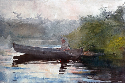 A moody watercolour of a man kayaking on a brook.