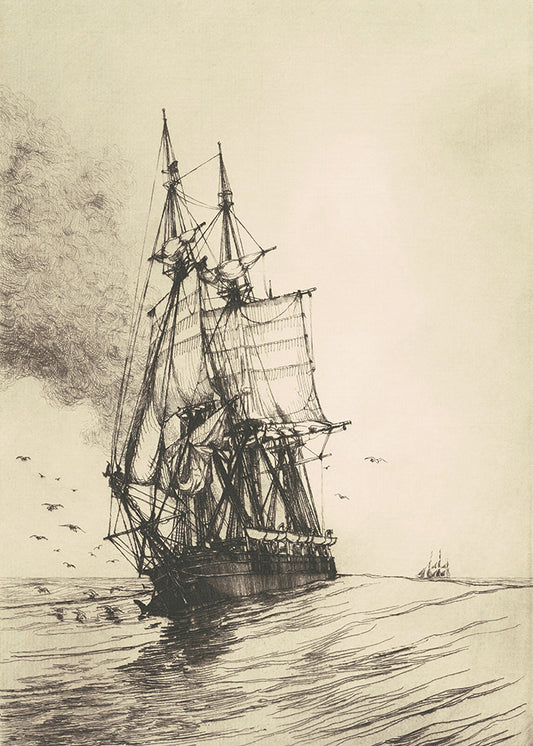 An ambient antique coloured lithograph of a ship adrift at sea.

Featuring sepia tones of dark&nbsp;brown and cream.
A museum-quality fine art print with a lightly textured, matt finish, using giclée printing techniques that won't fade.