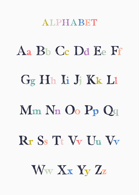 An educational, fact-based art print for learning the alphabet. This multicolored alphabet chart includes both uppercase and lowercase letters.

Featuring midnight blue, teal, lime, sage green, bright blue, apricot, indigo and blush.
A museum-quality fine art print with a textured, matt finish, using giclée printing techniques that won't fade.