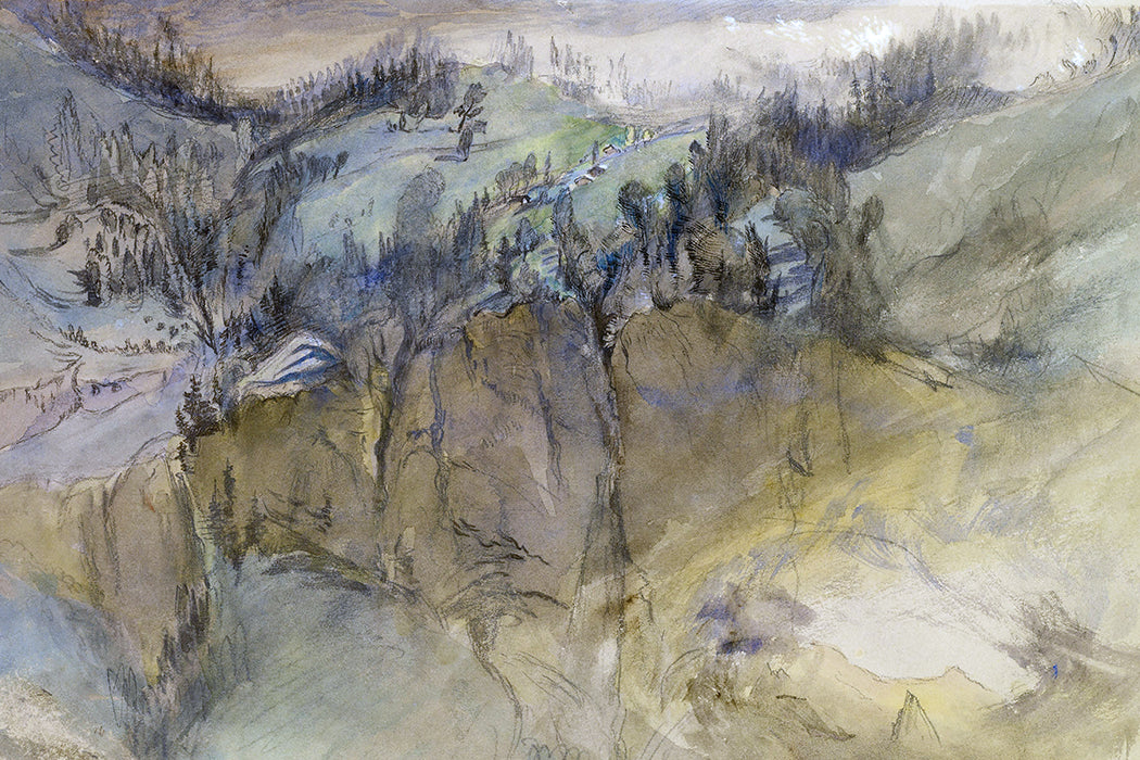 An ambient landscape of the alpine hills done in watercolour with charcoal accents.