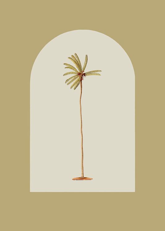 Bring effortless tropical charm into your space with this striking vintage palm, framed by a olive green arch. Perfect for those seeking to infuse their modern aesthetic with character and warmth. Part of a series.

Featuring beige, tan, brown, olive green and rust.
A museum-quality fine art print with a textured, matt finish, using giclée printing techniques that won't fade.