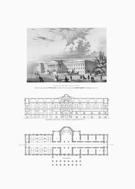 A black and white lithograph featuring an architectural plan of the US Patent Office.