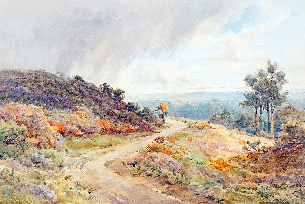 A pretty watercolour of a man walking along a country road in Autumn.

Featuring blue, grey, white, green, yellow, mauve, purple, pink, cream and brown.
A museum-quality fine art print with a lightly textured, matt finish, using giclée printing techniques that won't fade.