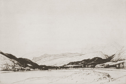 A sketch of a distant valley.

Featuring cream and chocolate black tones.
A museum-quality fine art print with a lightly textured, matt finish, using giclée printing techniques that won't fade.
