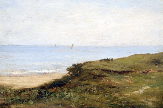 An impressionistic painting, looking from the grassy shore out to sea.