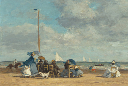 A vintage painting of people enjoying the beach with boats in the distance. This print features a lovely rustic patina.

Featuring blue, beige, white, grey, brown, tan, blush, black and red.
A museum-quality fine art print with a lightly textured, matt finish, using giclée printing techniques that won't fade.
