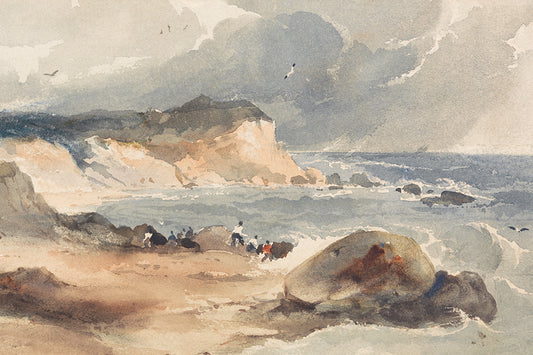 An ambient watercolour of people on a rocky beach on an overcast day.